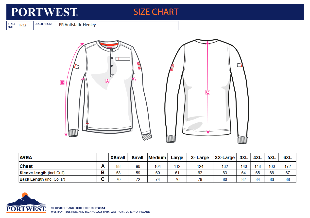 FR32 Portwest® Bizflame® Knit Flame-Resistant Anti-Static Henley Shirt - size chart